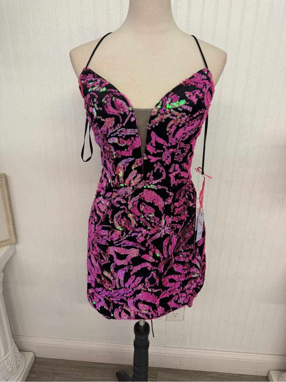 Dave & Johnny Pink and Black Sequin Spaghetti-Strap One Piece